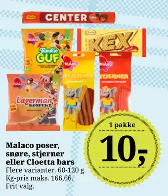 Dagli'Brugsen Malaco poser, snøre, stjerner eller Cloetta bars tilbud