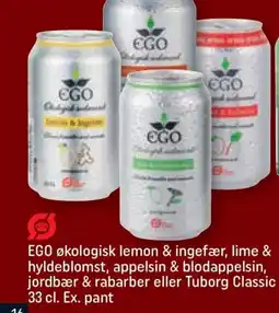 REMA 1000 EGO økologisk lemon & ingefær, lime & hyldeblomst, appelsin & blodappelsin, jordbær & rabarber tilbud