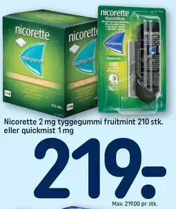 REMA 1000 Nicorette 2 mg tyggegummi fruitmint 210 stk. eller quickmist 1 mg tilbud