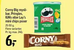 Føtex Corny Big myslibar, Pringles, KiMs eller Lay's mini chips poser tilbud