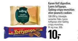 Føtex Karen Volf digestive, Lyons toffypops, Salling crispy munchies eller peanut cookies tilbud