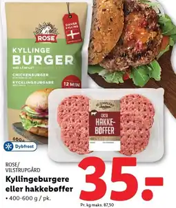 Lidl ROSE/ VILSTRUPGÅRD Kyllingeburgere eller hakkebøffer tilbud