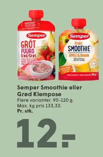 SPAR Semper Smoothie eller Grød Klempose tilbud