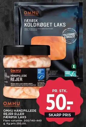 MENY OMHU håndpillede rejer eller færøsk laks tilbud