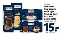 Lidl ITALIAMO Italiensk- inspirerede småkager, tiramisu eller karamel- panna cotta tilbud