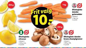 Lidl Økologiske danske gulerødder, Økologiske danske brune champignoner eller Økologiske citroner tilbud