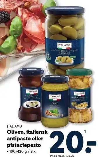 Lidl Oliven, italiensk antipasto eller pistaciepesto tilbud