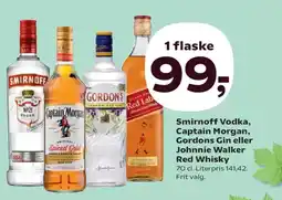 Kvickly Smirnoff Vodka, Captain Morgan, Gordons Gin eller Johnnie Walker Red Whisky tilbud