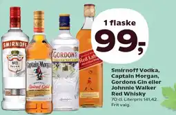 Kvickly Smirnoff Vodka, Captain Morgan, Gordons Gin eller Johnnie Walker Red Whisky tilbud