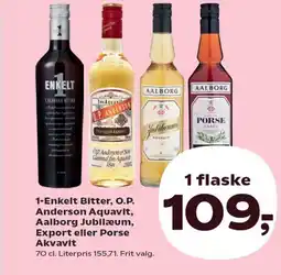 Kvickly 1-Enkelt Bitter, O.P. Anderson Aquavit, Aalborg Jubilæum, Export eller Porse Akvavit tilbud