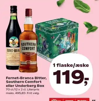 SuperBrugsen Fernet-Branca Bitter, Southern Comfort eller Underberg Box 70 cl./12 x 2 cl. Literpris maks. 495,83. Frit valg. tilbud