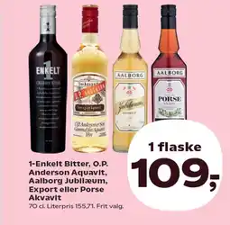 SuperBrugsen 1-Enkelt Bitter, O.P. Anderson Aquavit, Aalborg Jubilæum, Export eller Porse Akvavit tilbud