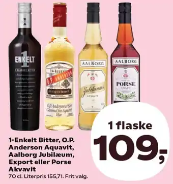 SuperBrugsen Enkelt Bitter, O.P. Anderson Aquavit, Aalborg Jubilæum, Export eller Porse Akvavit tilbud