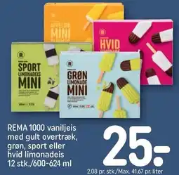 REMA 1000 REMA 1000 vaniljeis med gult overtræk, grøn, sport eller hvid limonadeis tilbud