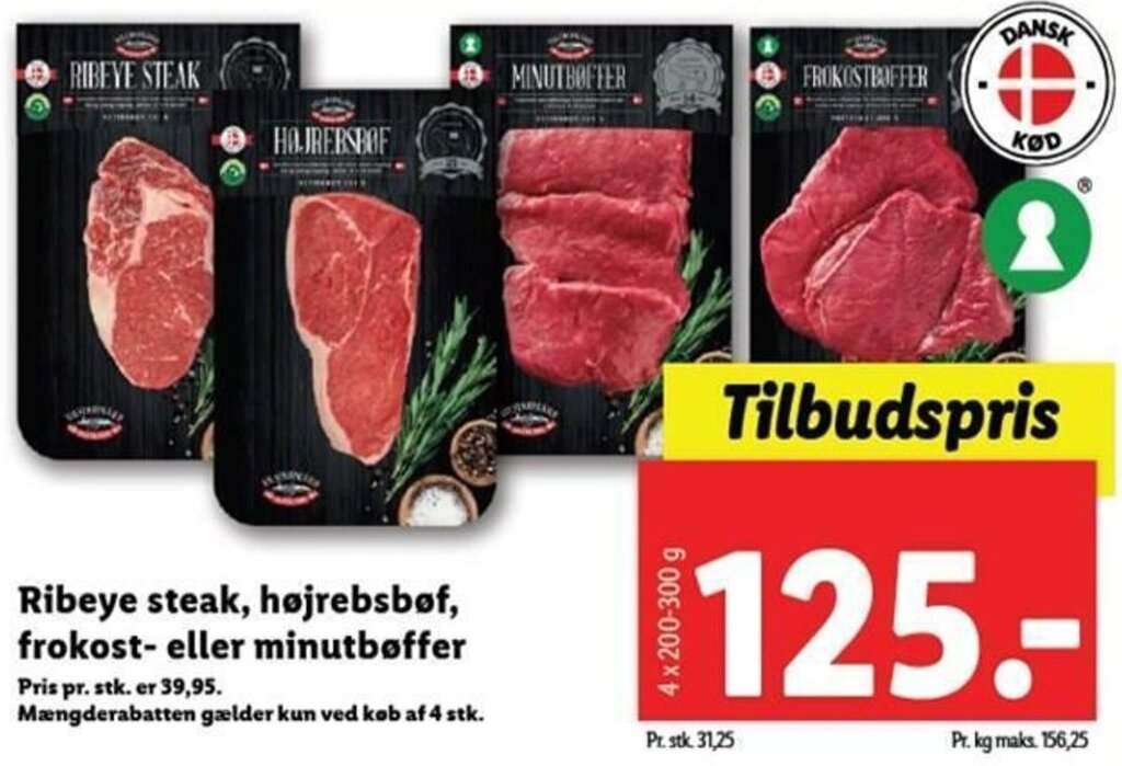 Ribeye Steak, Højrebsbøf FrokostEller Minutbøffer tilbud hos Lidl