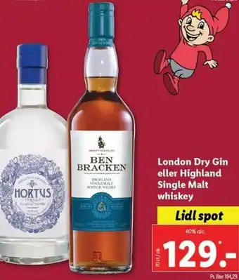Lidl London Dry Gin Eller Highland Single Malt Whiskey tilbud