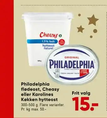 Bilka Philadelphia flødeost, Cheasy eller Karolines Køkken hytteost tilbud