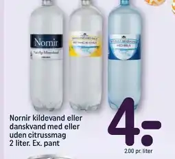 REMA 1000 Nornir kildevand eller danskvand med eller uden citrussmag 2 liter. Ex. pant tilbud
