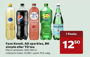 SuperBrugsen Faxe Kondi, AD sparkles, BK simple eller TD tea tilbud