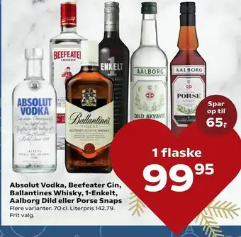 Absolut Vodka, Beefeater Gin, Ballantines Whisky, 1-Enkelt, Aalborg Dild eller Porse Snaps