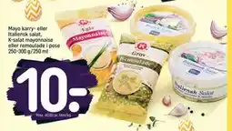 REMA 1000 Mayo karry- eller Italiensk salat, K-salat mayonnaise eller remoulade i pose 250-300 g/250 ml tilbud