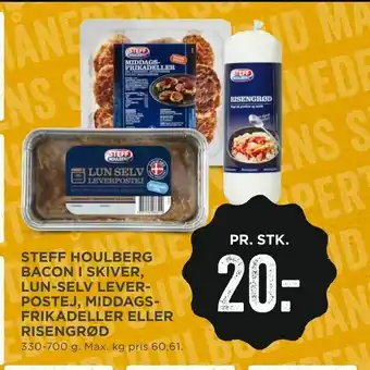 MENY Steff houlberg bacon i skiver, lun-selv lever- postej, middags- frikadeller eller risengrød tilbud