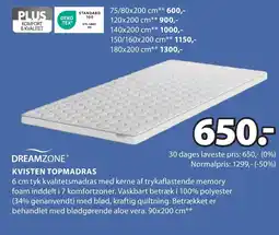 JYSK DREAMZONE® KVISTEN TOPMADRAS tilbud