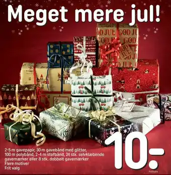 2-5 m gavepapir, 30 m gavebånd med glitter, 100 m polybånd, 2-4 m stofbånd, 24 stk. selvklæbende gavemærker eller 8 stk. dobb