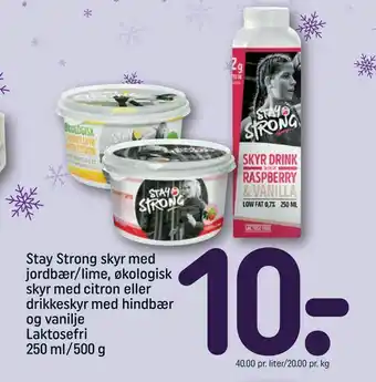 REMA 1000 Stay Strong skyr med jordbær/lime, økologisk skyr med citron eller drikkeskyr med hindbær og vanilje Laktosefri tilbud