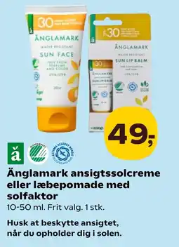SuperBrugsen Änglamark ansigtssolcreme eller læbepomade med solfaktor tilbud