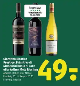 Coop 365 GIORDANO Ricarico Prestige, Primitivo di Manduria Badio al Colle eller Arthur Metz Riesling tilbud