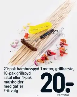 REMA 1000 20-pak bambusspyd 1 meter, grillbørste, 10-pak grillspyd i stål eller 4-pak majsholder med gafler tilbud