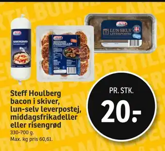 SPAR Steff Houlberg bacon i skiver, lun-selv leverpostej, middagsfrikadeller eller risengrød tilbud