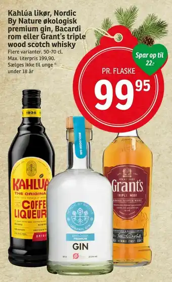 SPAR Kahlúa likør, Nordic By Nature økologisk premium gin, Bacardi rom eller Grant's triple wood scotch whisky tilbud