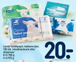REMA 1000 Lambi toiletpapir, køkkenruller, 120 stk. håndklædeark eller dispenser 8 rl/705 g 4 rl/472 g tilbud