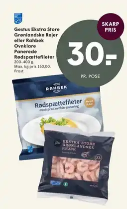 SPAR Gestus Ekstra Store Grønlandske Rejer eller Rahbek Ovnklare Panerede Rødspættefileter tilbud