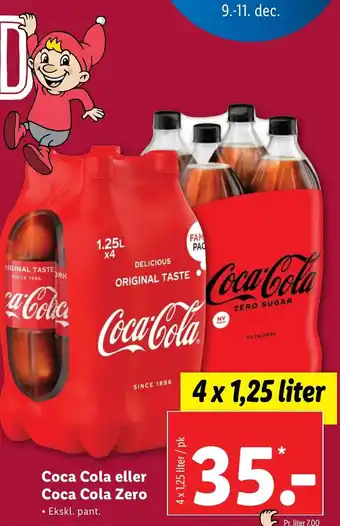 Lidl Coca Cola Eller Coca Cola Zero 4x1,25 Liter tilbud