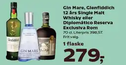 Kvickly Gin mare, glenfiddich 12 års single malt whisky eller diplomático reserva exclusiva rom tilbud