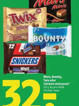 Coop 365 Mars, Bounty, Twix eller Snickers mini poser tilbud