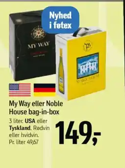 Føtex My Way eller Noble House bag-in-box 3 liter. USA eller Tyskland. Rødvin eller hvidvin. tilbud