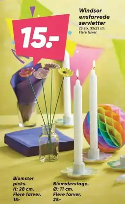 Bilka Windsor ensfarvede servietter, Blomster picks eller Blomsterstage tilbud