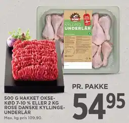 MENY 550 G HAKKET OKSEKD 7-10% ELLER 2 KG ROSE DANSKE KYLLINGEUNDERLÅR tilbud
