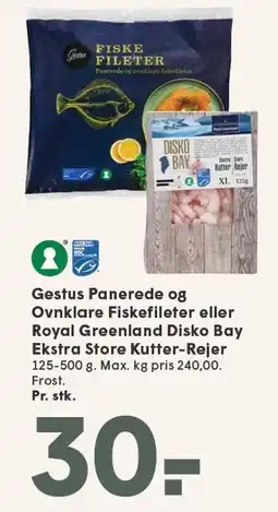 SPAR Gestus Panerede og Ovnklare Fiskefileter eller Royal Greenland Disko Bay Ekstra Store Kutter-Rejer tilbud