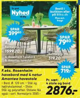 Bilka Rosenheim havebord med 4 natur Amantea havestole tilbud