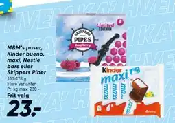 Bilka M&M’s poser, Kinder bueno, maxi, Nestle bars eller Skippers Piber tilbud
