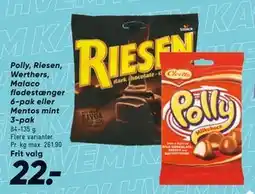 Bilka Polly, Riesen, Werthers, Malaco flødestænger 6-pak eller Mentos mint 3-pak tilbud
