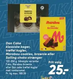 Bilka Dan Cake klassiske kager, trøffel kugler, Marabou cookies, brownie eller Salling choko strænger tilbud