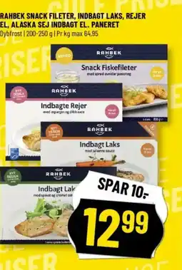 Løvbjerg RAHBEK SNACK FILETER, INDBAGT LAKS, REJER EL, ALASKA SEJ INDBAGT EL. PANERET tilbud