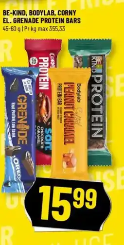 Løvbjerg BE-KIND, BODYLAB, CORNY EL. GRENADE PROTEIN BARS tilbud