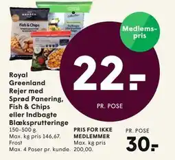 SPAR Royal Greenland Rejer med Sprød Panering, Fish & Chips eller Indbagte Blæksprutteringe tilbud